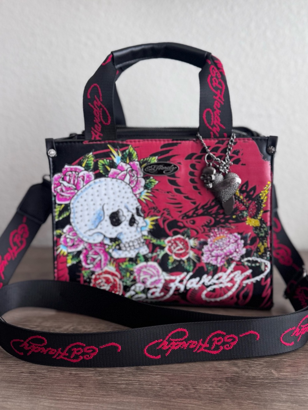 Ed Hardy Black & Red Skull Floral Crossbody